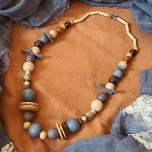 Vintage Blue and Brown Wood Bead Necklace